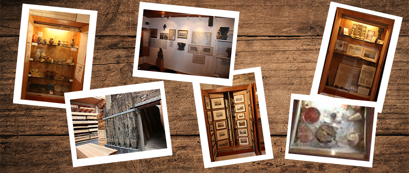 Ausschnitte von Fotos einer Museumsausstellung, präsentiert auf einem hölzernen Hintergrund.